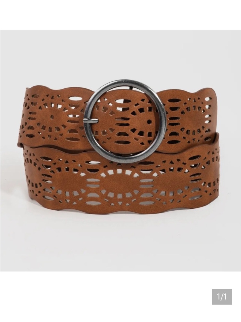 Vegan  Laser-Cut Wide Belt with Round Silver Buckle